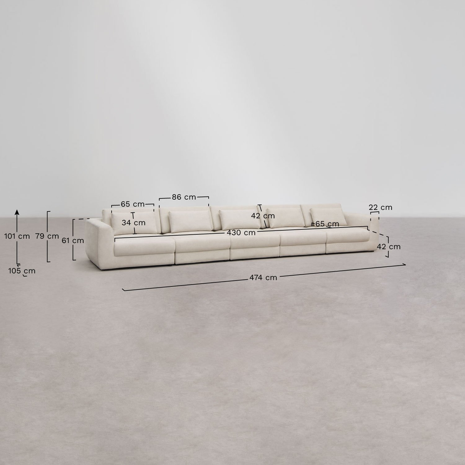 Sofá modular de 5 piezas en chenilla Cataline, medidas