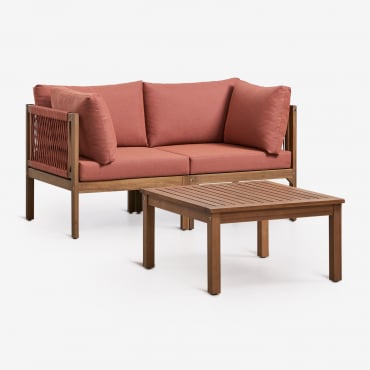Conjunto De Salón Con Sofá Modular De 2 Piezas Con Reposabrazos Y Mesa De Centro En Madera De Acacia Branson Terracota - Marrón Acacia - Sklum