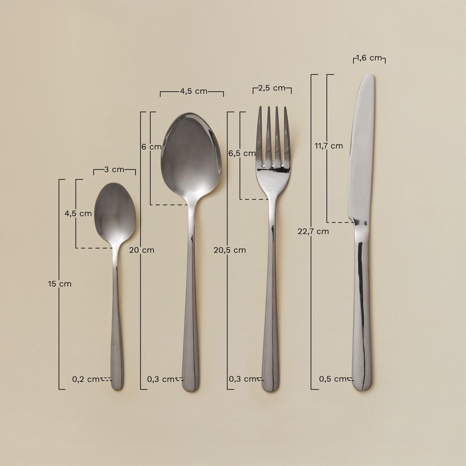 Cubertería de 16 piezas en acero inoxidable Sornia, medidas