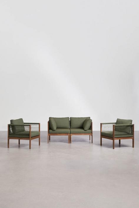 Conjunto de salón con sofá modular de 2 piezas con reposabrazos y 2 sillones en madera de acacia Branson - Verde Oliva Intenso