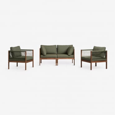 Conjunto De Salón Con Sofá Modular De 2 Piezas Con Reposabrazos Y 2 Sillones En Madera De Acacia Branson Verde Oliva Intenso - Marrón Acacia - Sklum