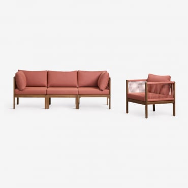 Conjunto De Salón Con Sofá Modular De 3 Piezas Con Reposabrazos Y Sillón En Madera De Acacia Branson Terracota - Marrón Acacia - Sklum