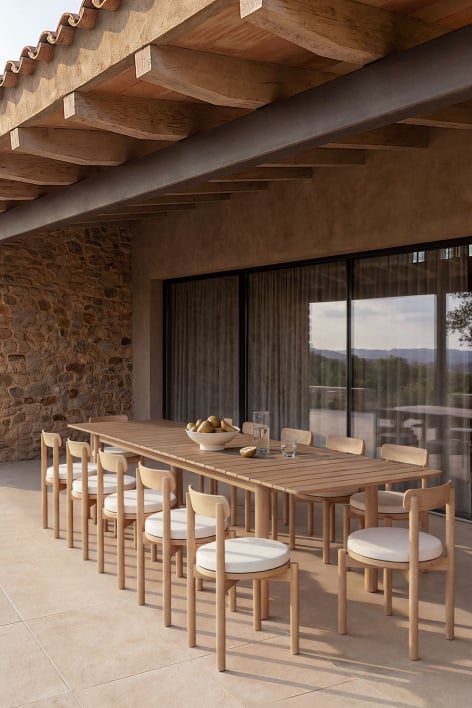 Set de mesa rectangular 250-310x105 cm extensible Duala y 12 sillas de jardín en madera de acacia Nualis