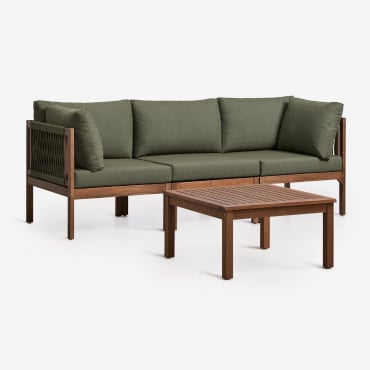 Conjunto De Salón Con Sofá Modular De 3 Piezas Con Reposabrazos Y Mesa De Centro En Madera De Acacia Branson Verde Oliva Intenso - Sklum