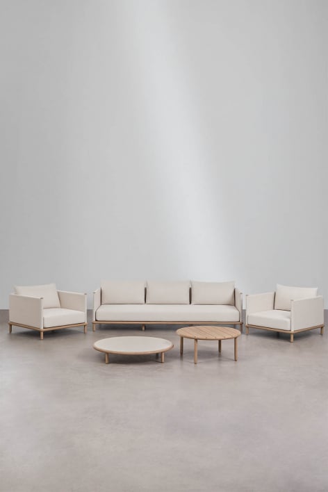 Conjunto de jardín con sofá de 3 plazas, 2 sillones y 2 mesas de centro redondas en madera de acacia Olivia - Blanco Gardenia - Marrón Acacia Claro 