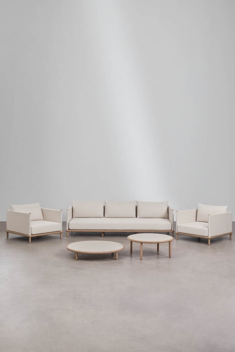 Conjunto de salón con sofá de 3 plazas, 2 sillones y 2 mesas de centro redondas en madera de acacia Olivia - Blanco Gardenia