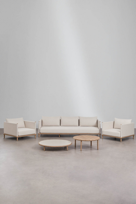 Conjunto de salón con sofá de 3 plazas, 2 sillones y 2 mesas de centro redondas en madera de acacia Olivia - Blanco Gardenia - Marrón Acacia Claro 