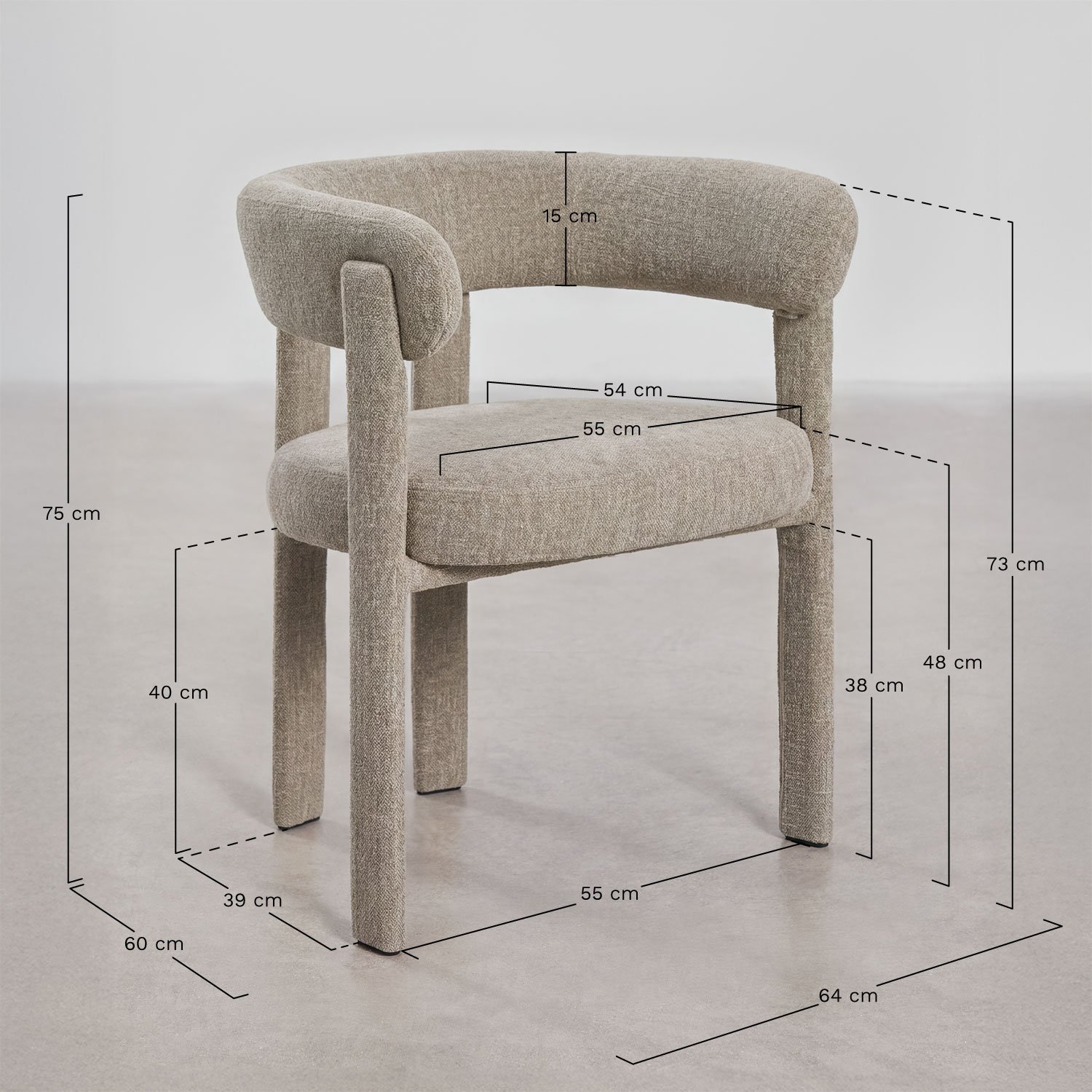 Silla de comedor con reposabrazos tapizada y en hierro Jolie, medidas