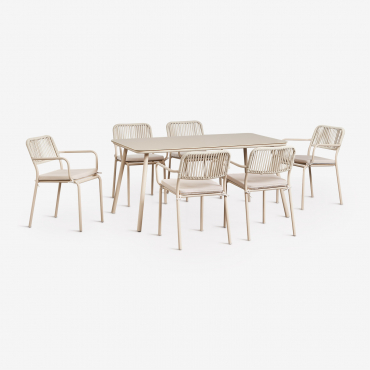 Set De Mesa Rectangular 160x90 Cm Y 6 Sillas De Comedor Apilables En Cuerda Trenzada Arhiza Beige Tapioca - Sklum