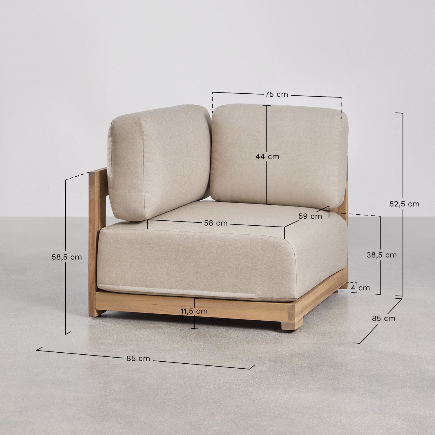 Módulo esquinero rinconera para sofá modular de jardín en madera de acacia Brivori , medidas