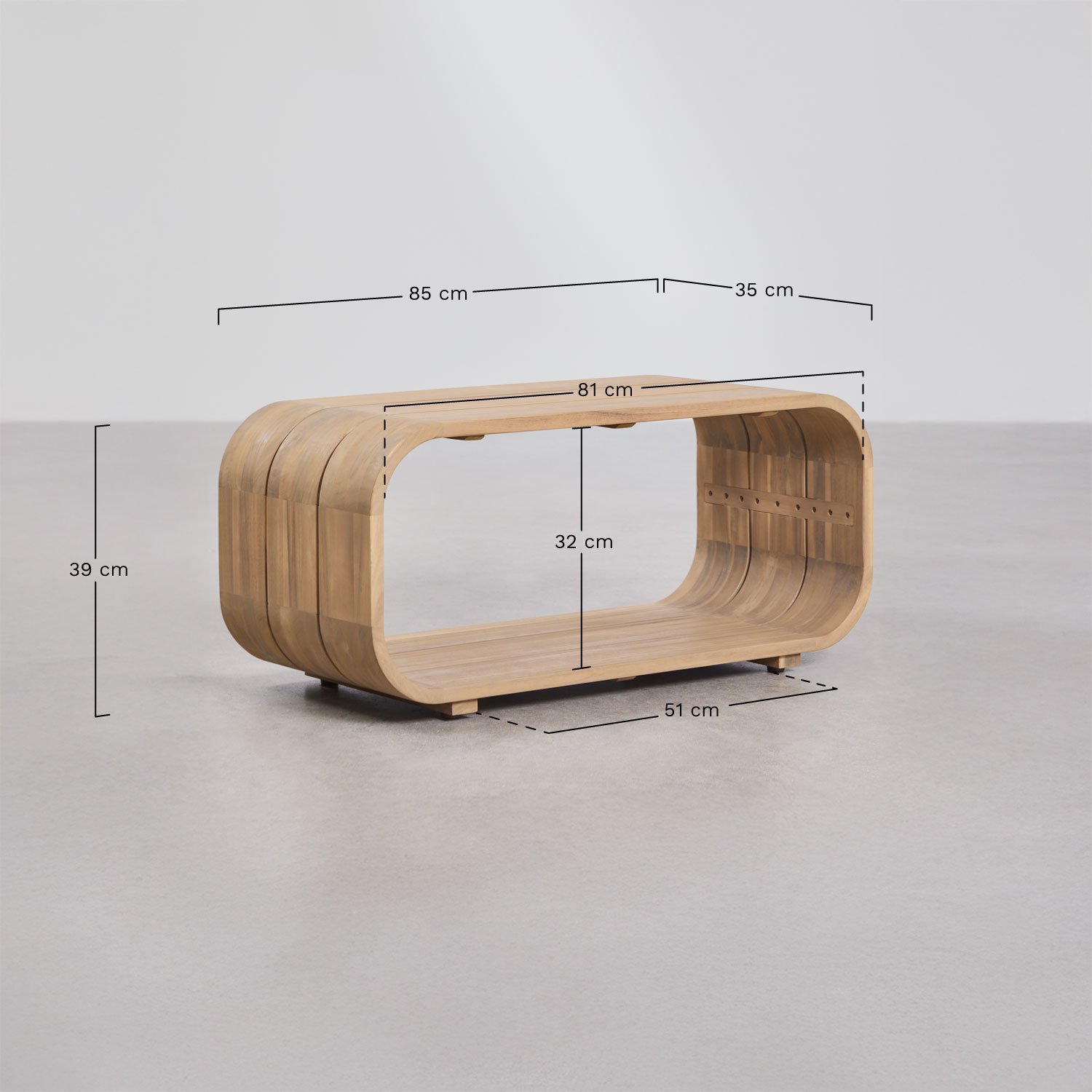 Mesa auxiliar para jardín rectangular 85x35 cm en madera de acacia Brivori, medidas