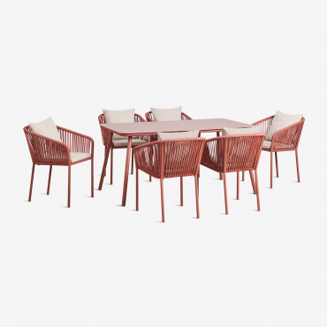 Set De Mesa Rectangular 160x90 Cm Y 6 Sillas De Comedor En Cuerda Trenzada Arhiza Classic Terracota - Sklum