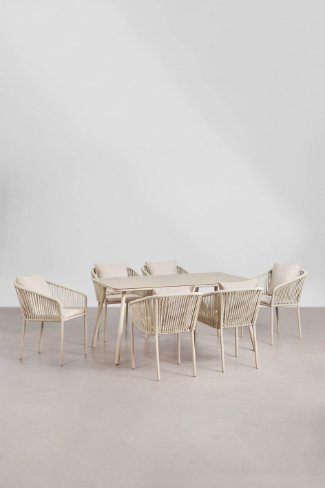 Set de mesa rectangular 160x90 cm y 6 sillas de comedor en cuerda trenzada Arhiza Classic - Beige Tapioca