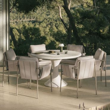 Set De Mesa Redonda Ø120 Cm En Cemento Eloria Y 6 Sillas De Jardín Con Reposabrazos Tapizadas Y En Acero Zunika Marrón Moka - Sklum