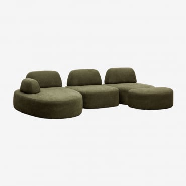 Sofá Modular Chaise Longue Izquierdo De 3 Piezas Y Puff Tapizado Giorgia Tela Verde Army - Sklum