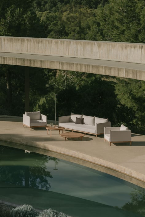 Conjunto de jardín con sofá de 3 plazas, 2 sillones y 2 mesas de centro redondas en madera de acacia Olivia - Marrón Acacia Claro