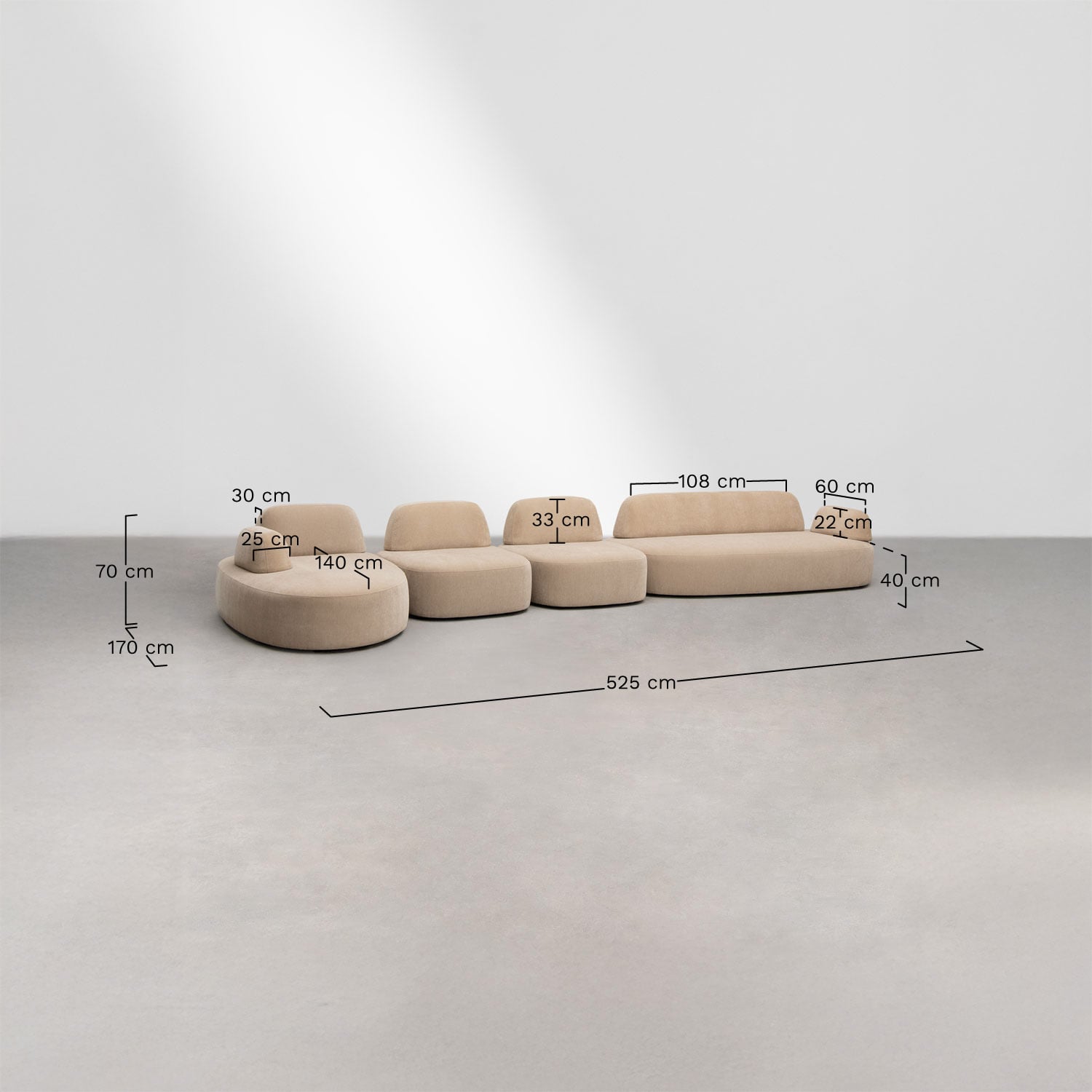 Sofá modular chaise longue izquierdo de 4 piezas con módulo esquinero tapizado Giorgia, medidas