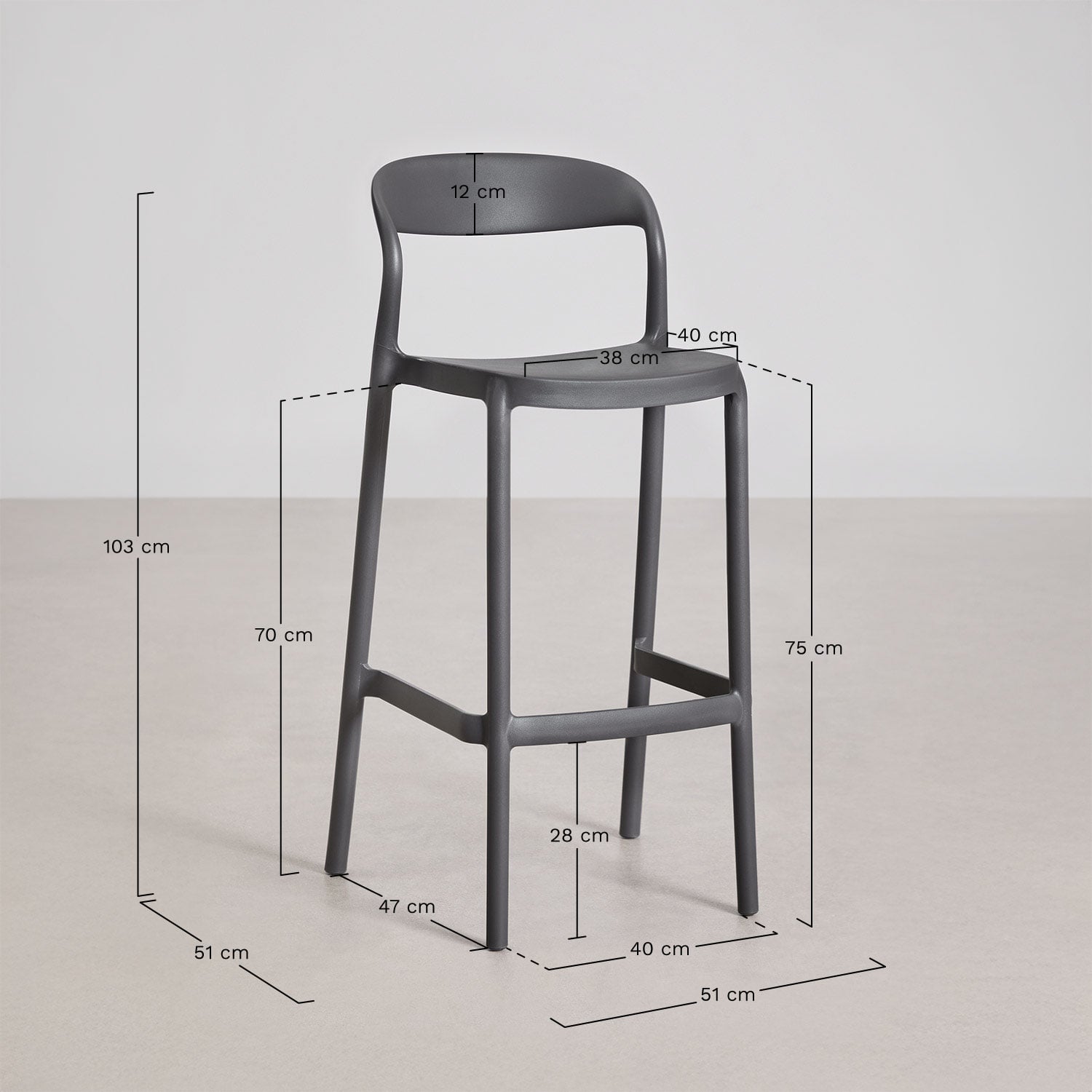 Pack de 4 taburetes altos apilables en polipropileno Brenza, medidas