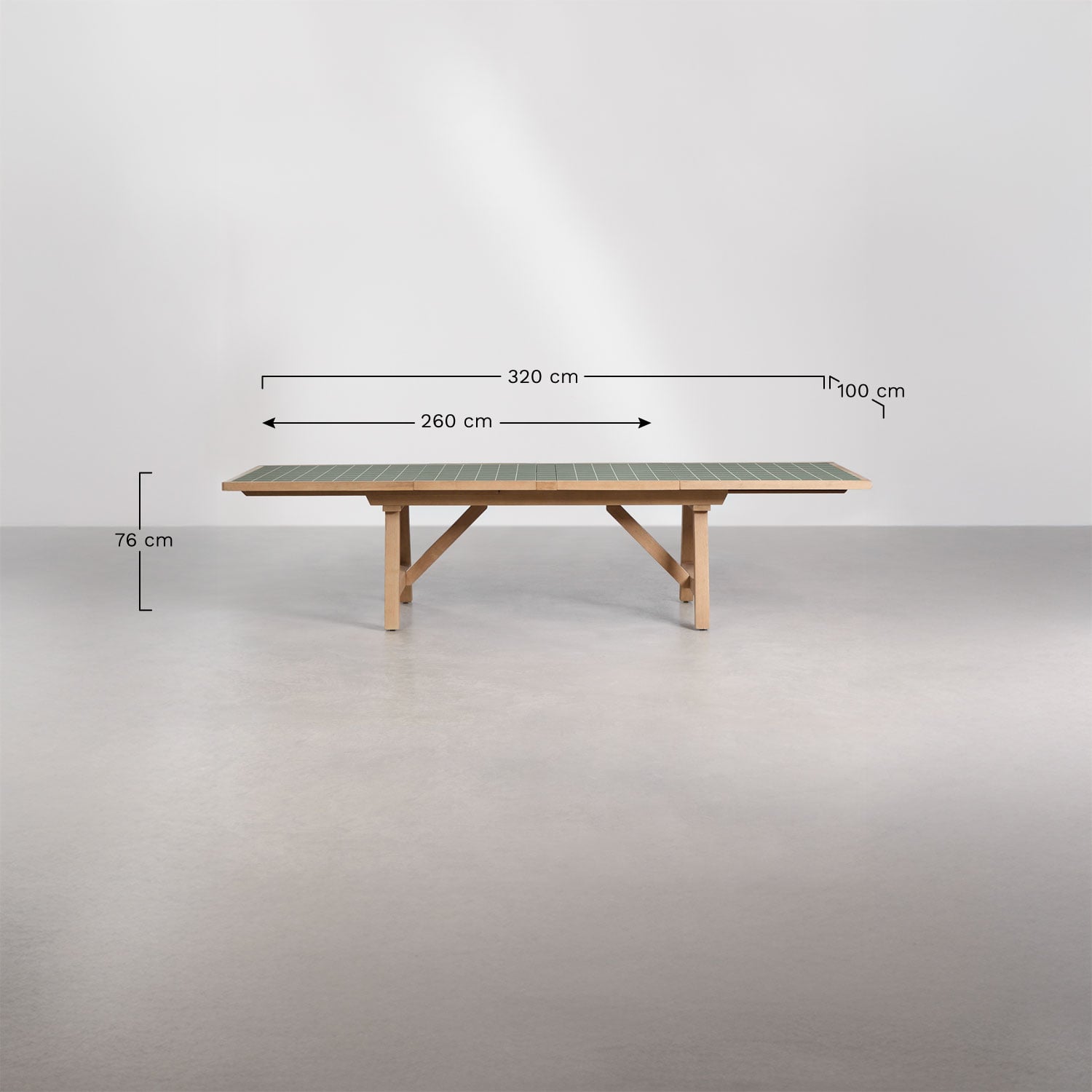 Mesa de jardín rectangular 200-260-320x100 cm extensible en madera de acacia Dubai, medidas