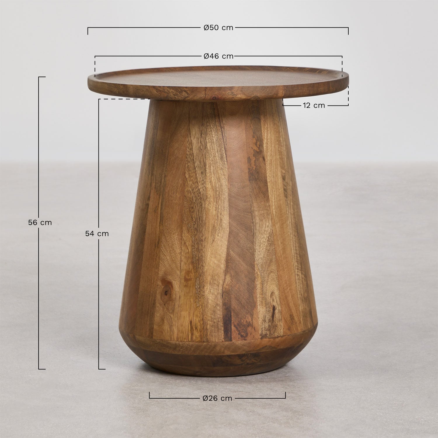 Mesa auxiliar redonda Ø50 cm en madera de mango Naiara, medidas