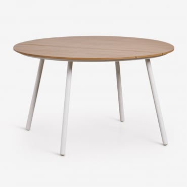 Mesa De Jardín Redonda Ø130 Cm En Madera Y Acero Mireiali Blanco Gardenia - Marrón Madera Castaña - Sklum