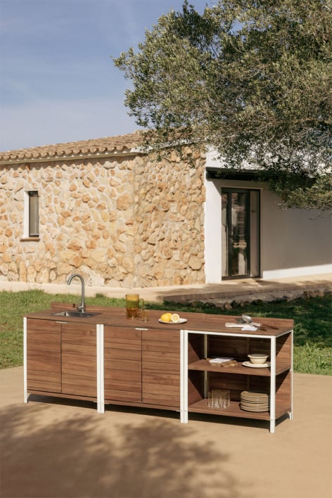 Cocina modular de exterior de 3 piezas con fregadero y almacenamiento en madera de acacia Reggie - Marrón Acacia