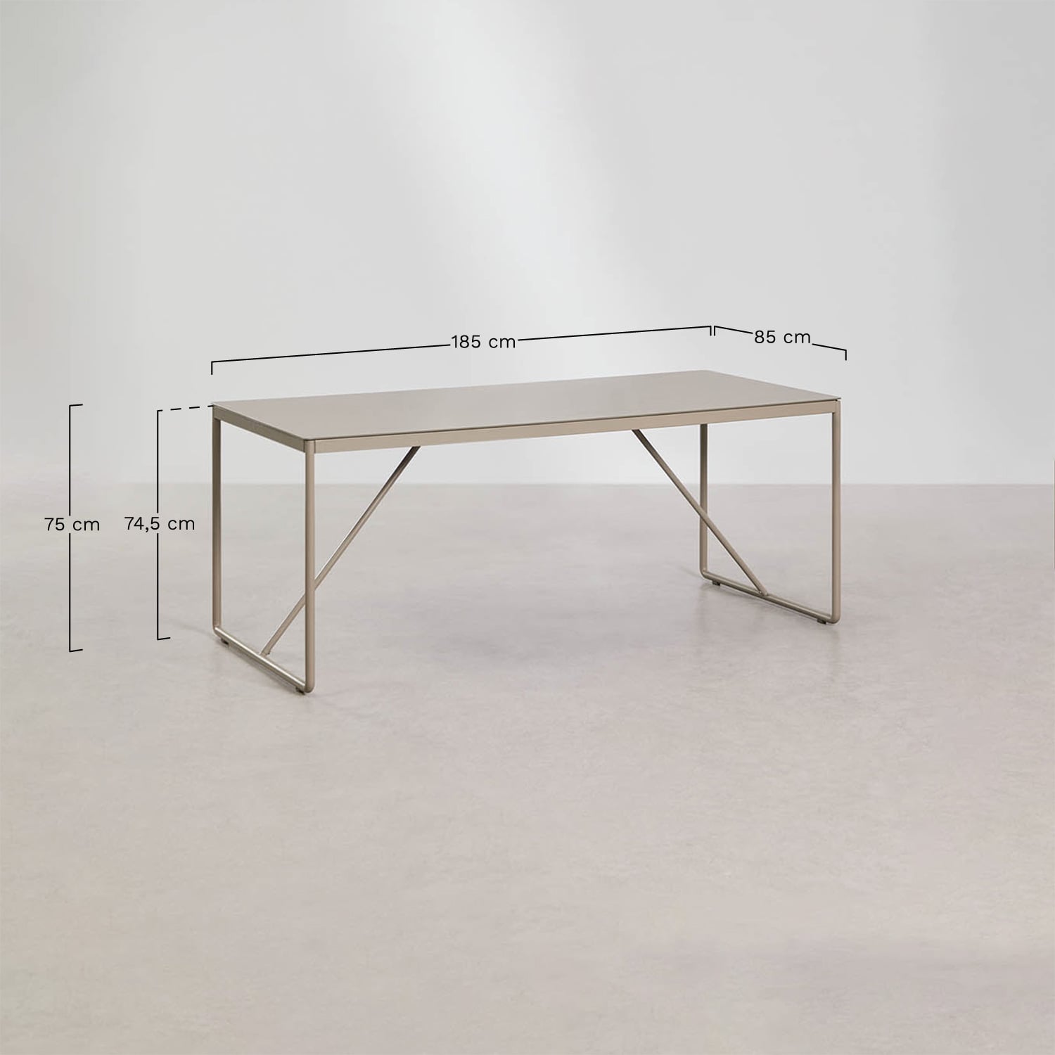 Set de mesa rectangular 185x85 cm y 6 sillas de director plegables en acero Melida, medidas