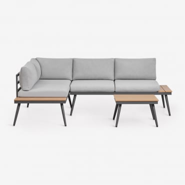 Conjunto De Jardín Con Sofá Esquinero De 4 Plazas Y Mesa De Centro En Aluminio Y Madera Nadi Gris - Madera Natural - Sklum