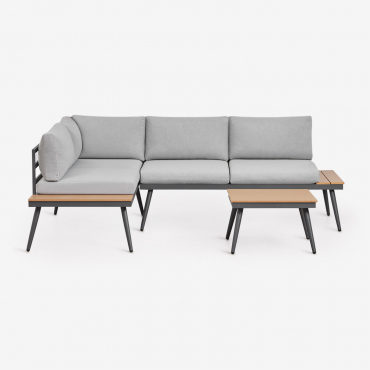 Conjunto De Jardín Con Sofá Esquinero De 4 Plazas Y Mesa De Centro En Aluminio Y Madera Nadi Gris Grafito - Sklum