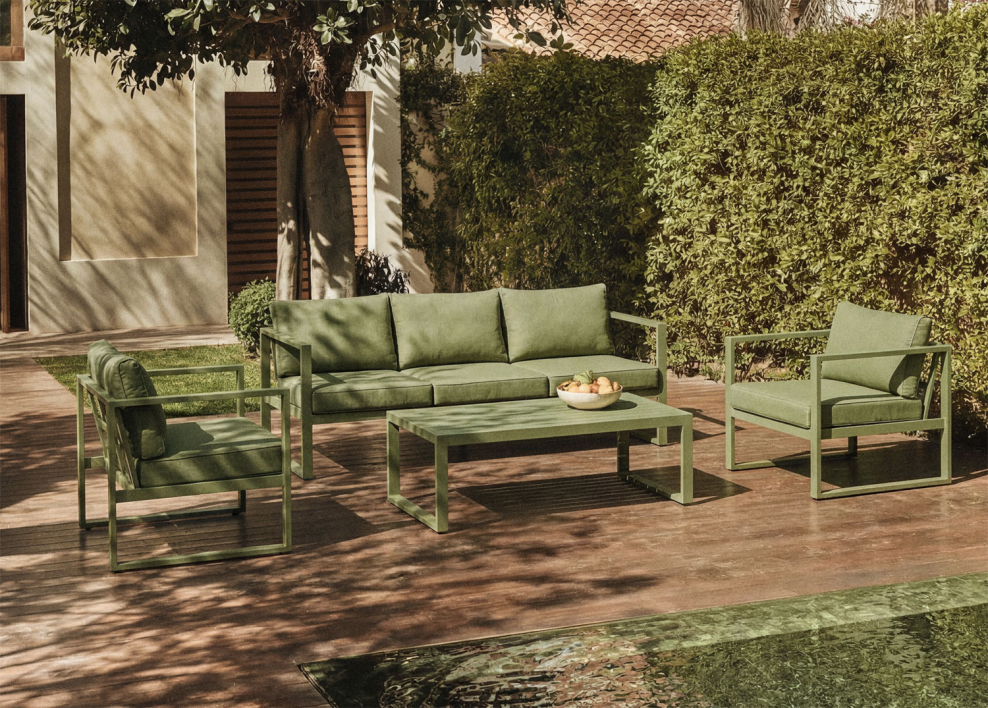 Conjunto de jardín con sofá de 3 plazas, 2 sillones y mesa de centro en aluminio Lipov - Verde Oliva Intenso