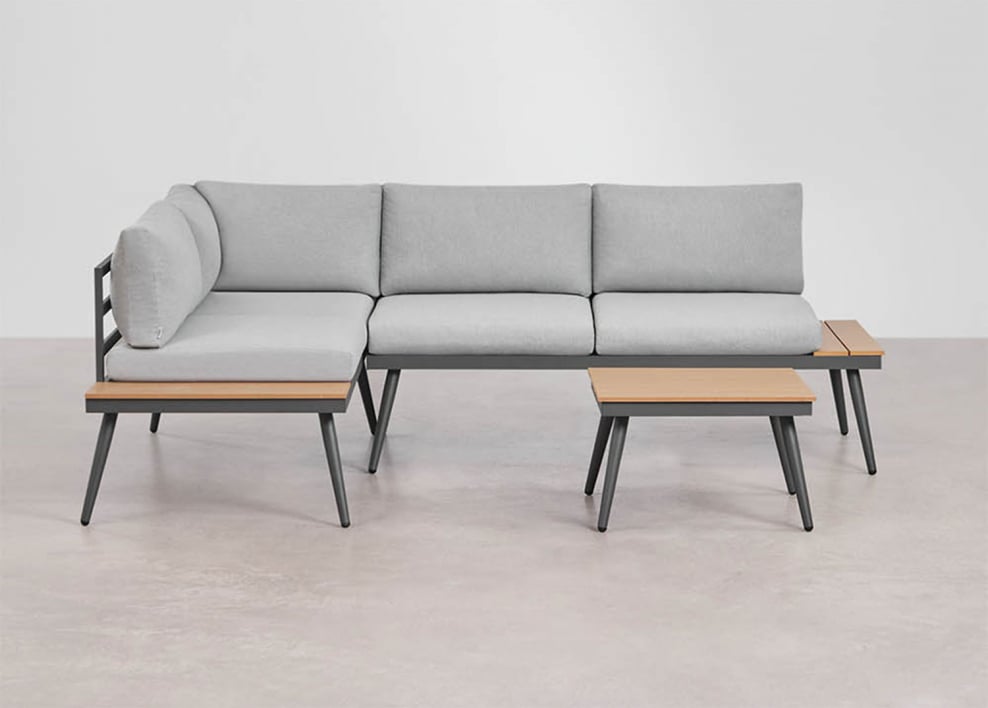 Conjunto de jardín con sofá esquinero de 4 plazas y mesa de centro en aluminio y madera Nadi - Gris - Madera Natural
