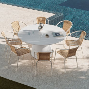 Set De Mesa Redonda Ø150 Cm En Cemento Numira Y 8 Sillas De Jardín Apilables En Acero Y Ratán Sintético Kalymana Blanco Brillante - Sklum