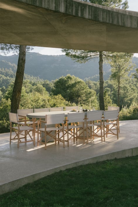 Set de mesa ovalada 260x110 cm en cemento Aurean y 10 sillas de director plegables de jardín en madera de acacia Olivia