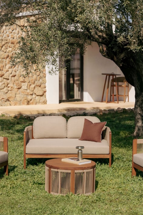 Conjunto de jardín con sofá de 2 plazas y mesa de centro en madera de acacia Serel