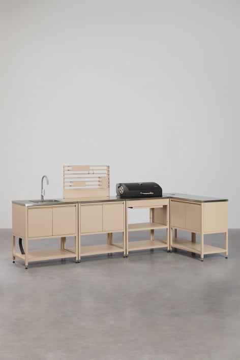 Cocina modular esquinera de exterior de 5 piezas con fregadero, panel organizador y barbacoa de carbón en acero Savona