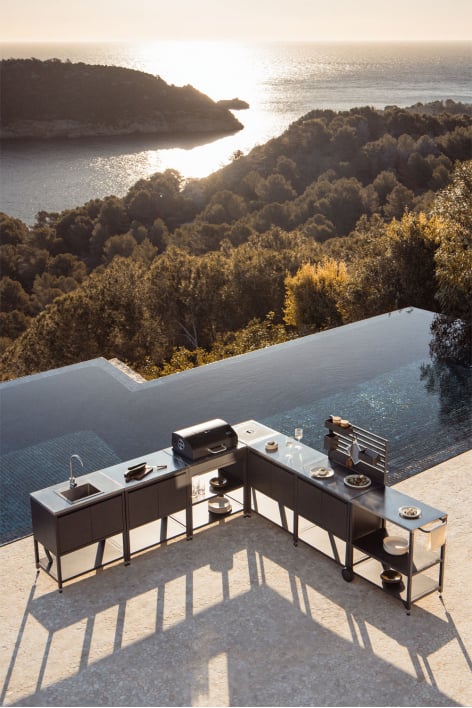 Cocina modular esquinera de exterior de 7 piezas con fregadero, panel organizador y barbacoa de carbón en acero Savona