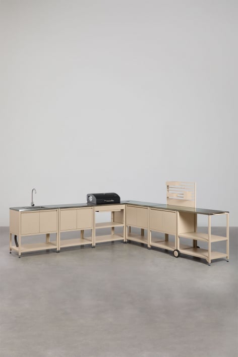 Cocina modular esquinera de exterior de 7 piezas con fregadero, panel organizador y barbacoa de carbón en acero Savona
