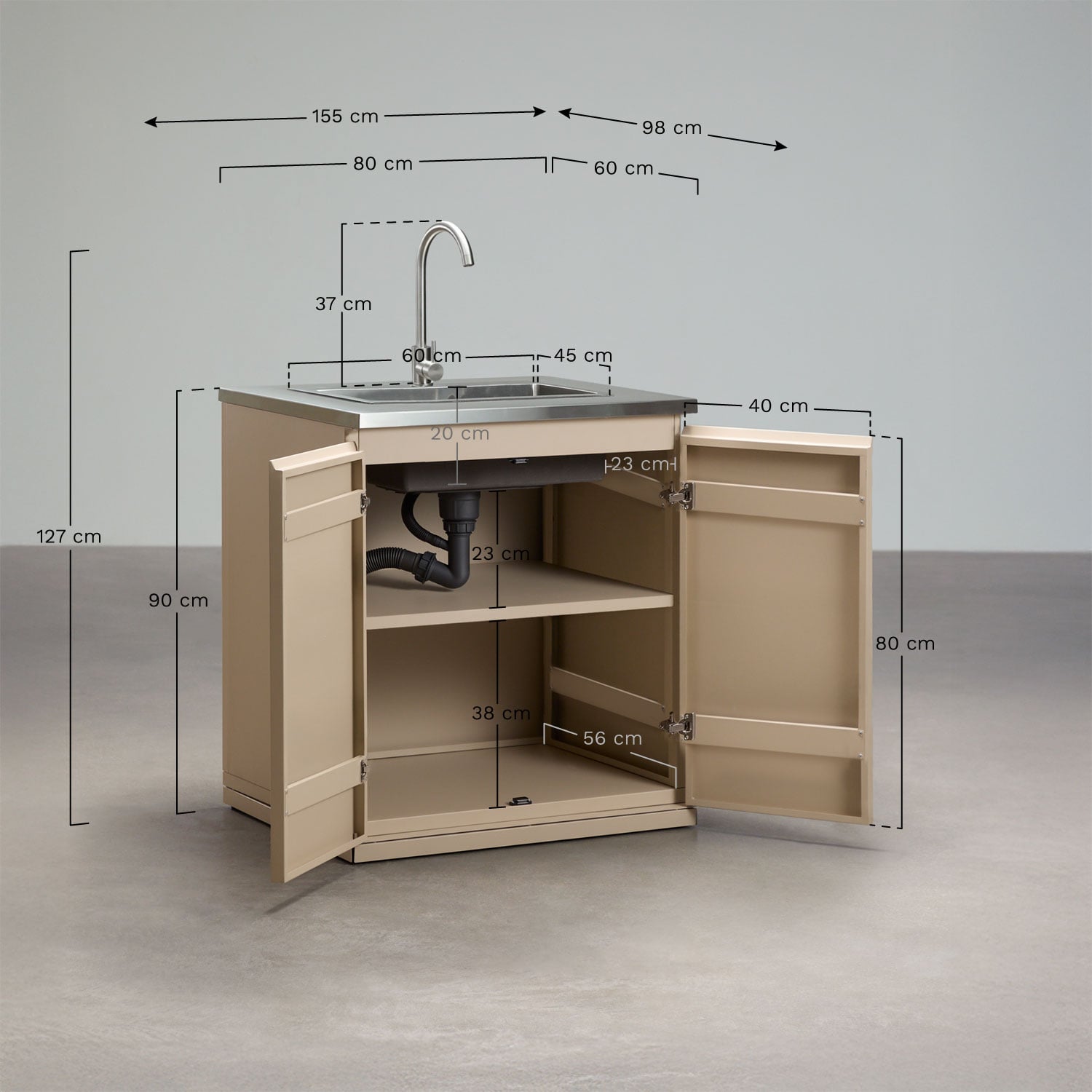 Módulo de almacenaje con fregadero para cocina modular de exterior en acero Rivana, medidas