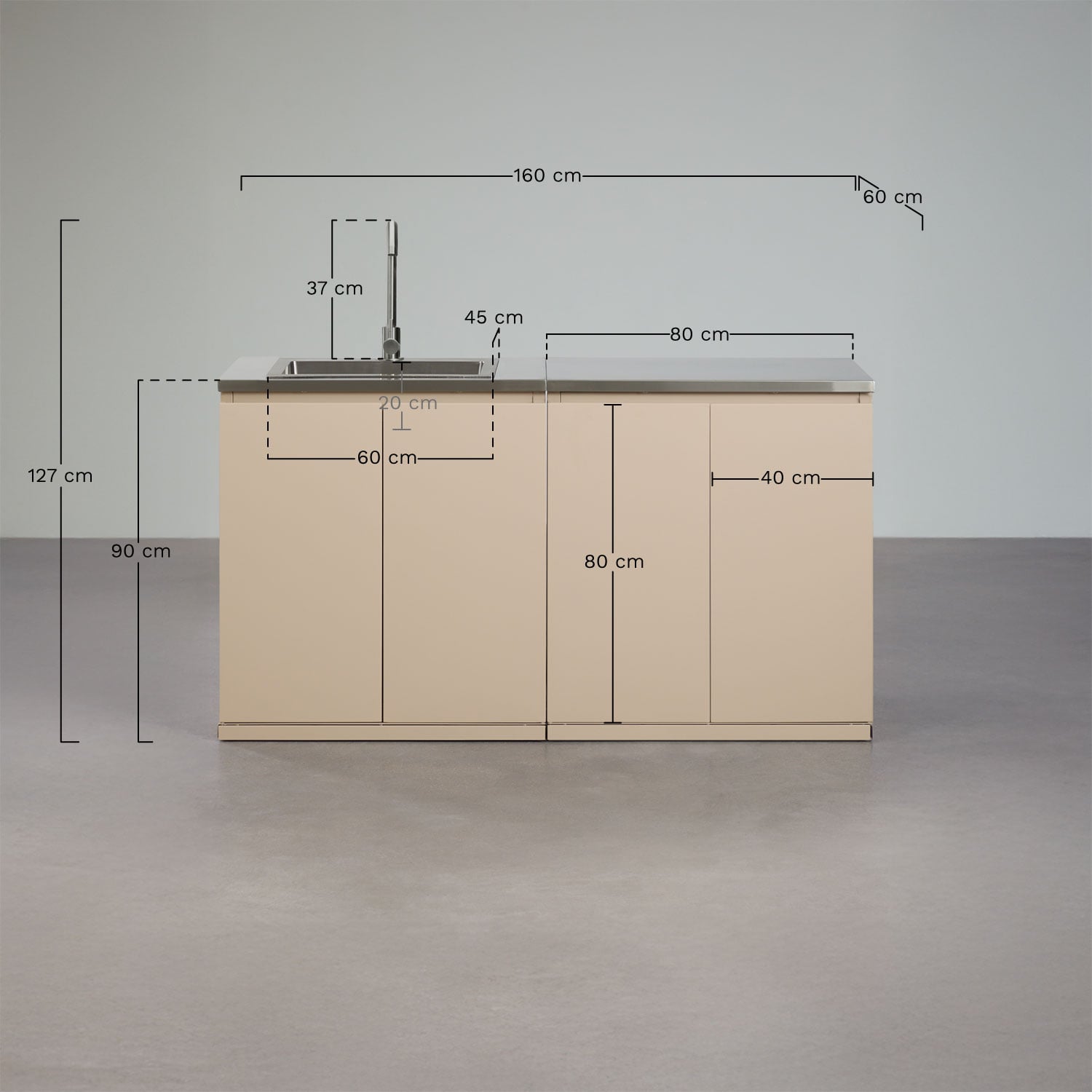 Cocina modular de exterior de 2 piezas con fregadero y almacenaje en acero Rivana, medidas