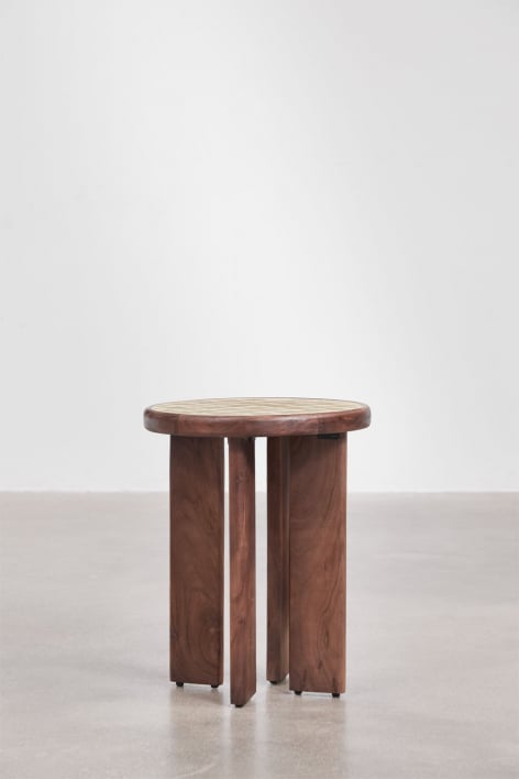 Mesa auxiliar redonda Ø40 cm en madera de acacia y azulejos Aitana
