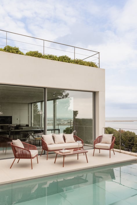 Conjunto de jardín con sofá de 2 plazas, 2 sillones en cuerda trenzada y mesa de centro Arhiza - Terracota