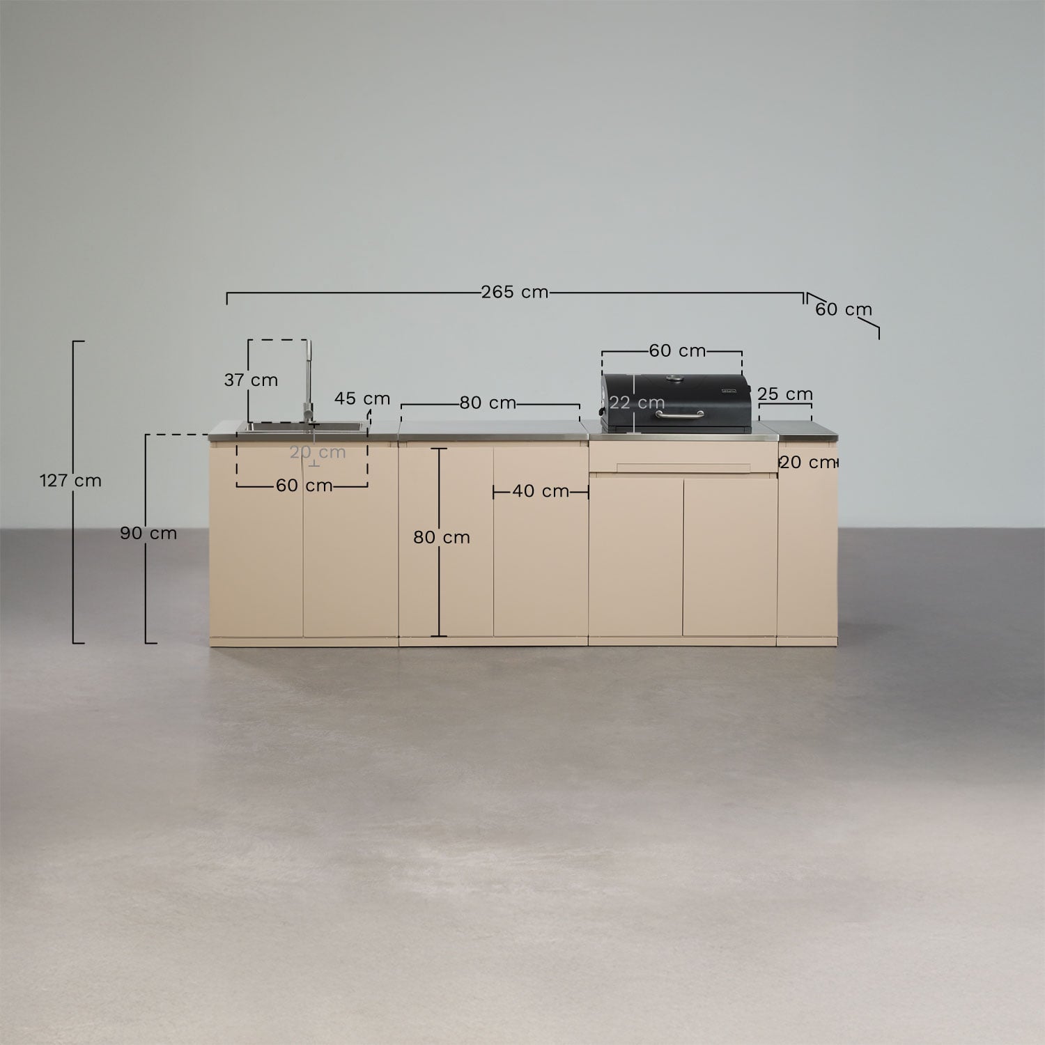 Cocina modular de exterior de 4 piezas con fregadero, almacenaje y barbacoa de carbón en acero Rivana, medidas