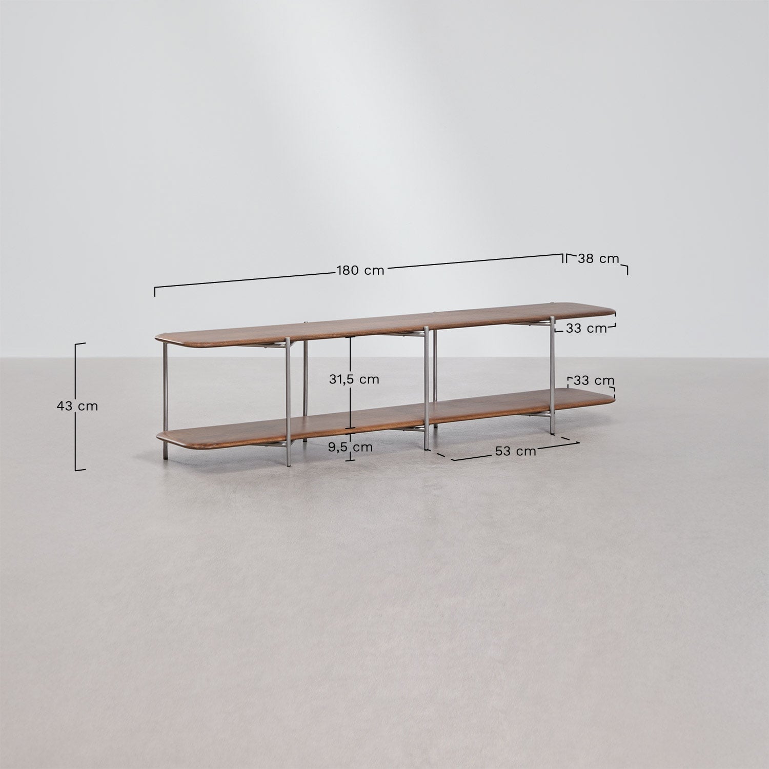 Mueble TV 180x40 cm en madera de mango y acero inoxidable Vimara, medidas