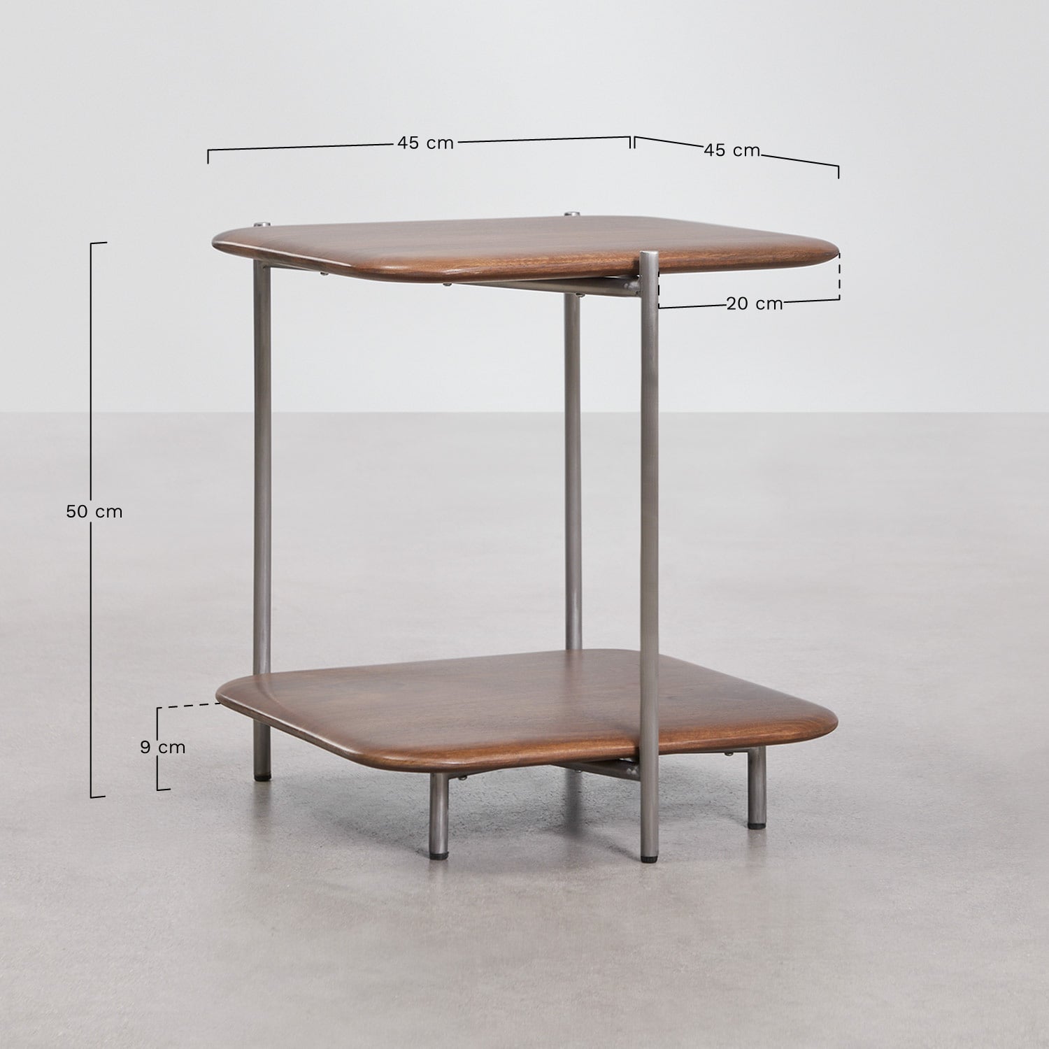 Mesa auxiliar 45x45 cm en madera de mango y acero inoxidable Vimara, medidas