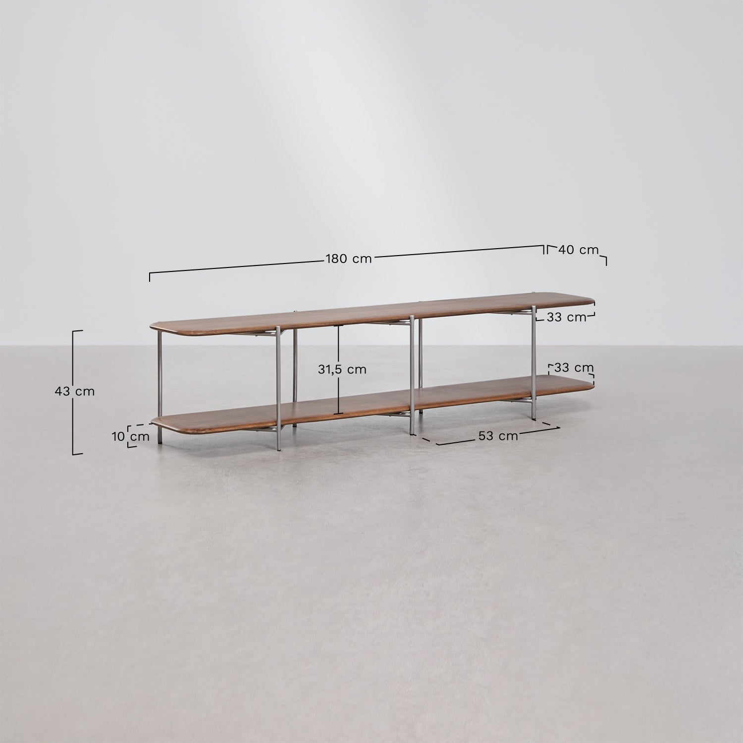 Mueble TV 180x40 cm en madera de mango y acero inoxidable Vimara, medidas
