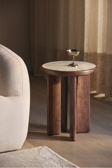 Mesa auxiliar redonda Ø40 cm en madera de acacia y azulejos Aitana