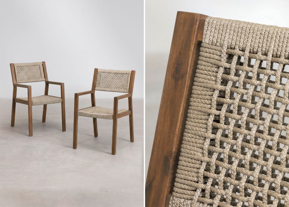 Silla de comedor con reposabrazos en madera de acacia y cuerda trenzada Tenay Square - Marrón Trigo