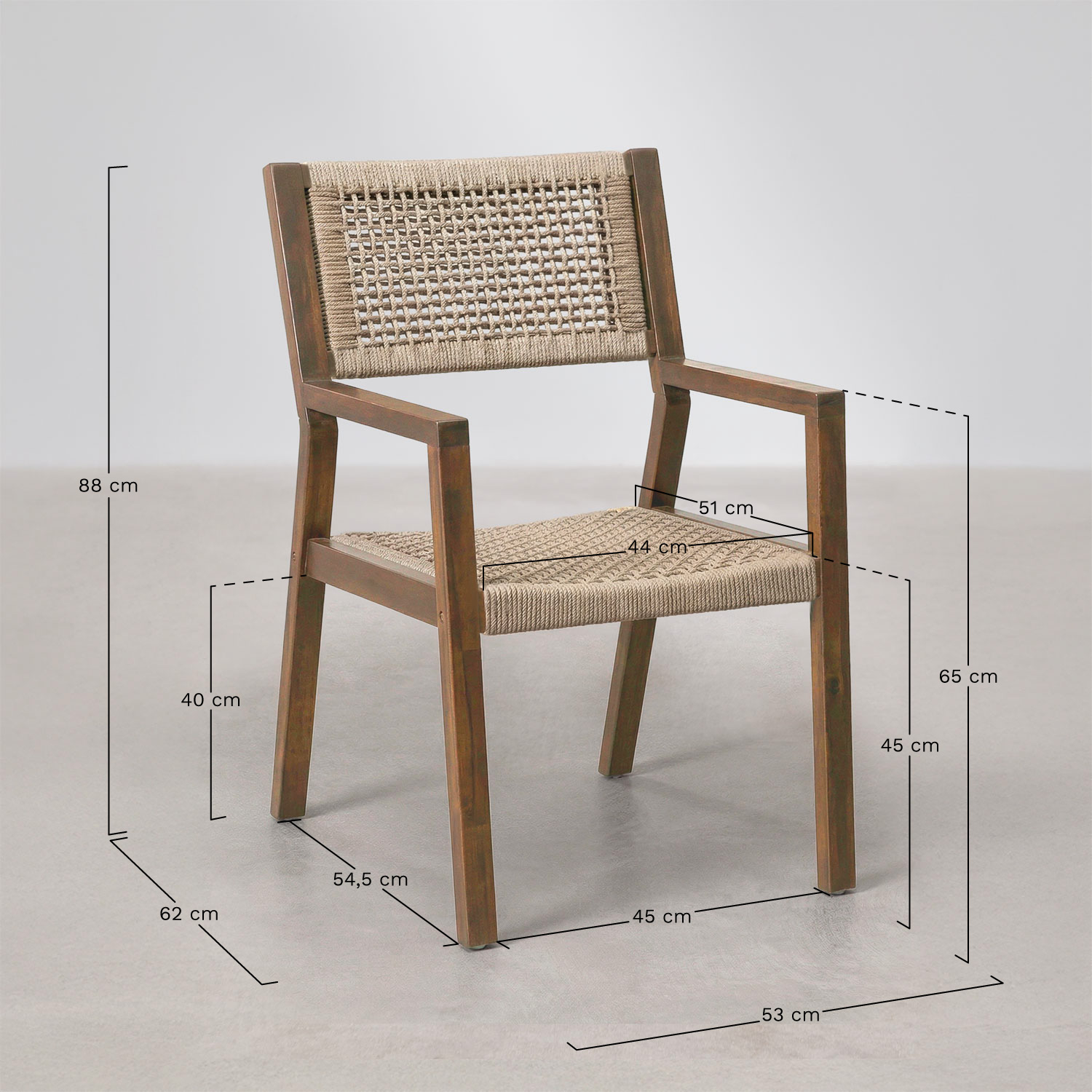 Silla de comedor con reposabrazos en madera de acacia y cuerda trenzada Tenay Square, medidas