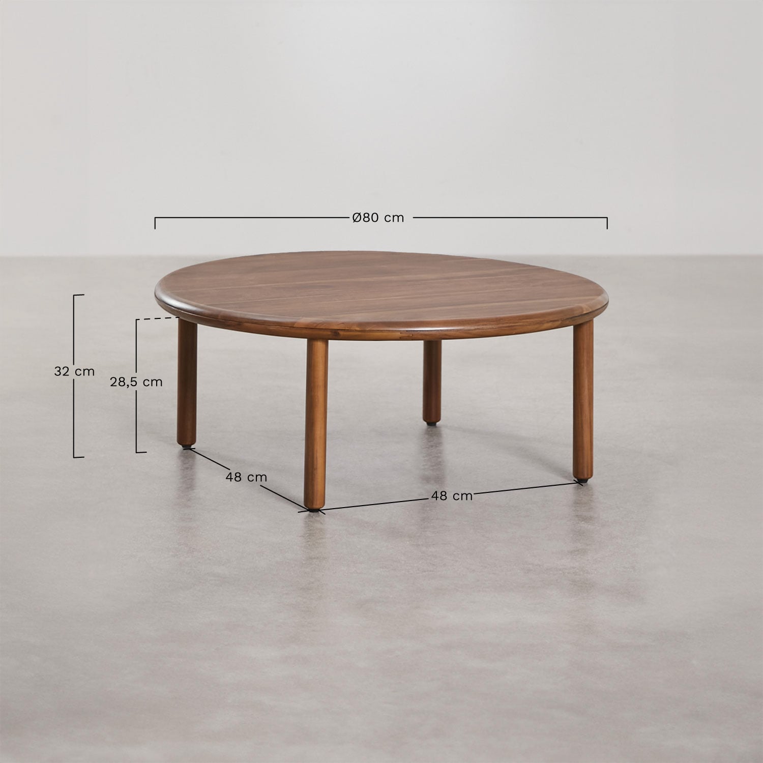 Conjunto de salón con sofá de 3 plazas, 2 sillones y 2 mesas de centro redondas en madera de acacia Olivia, medidas