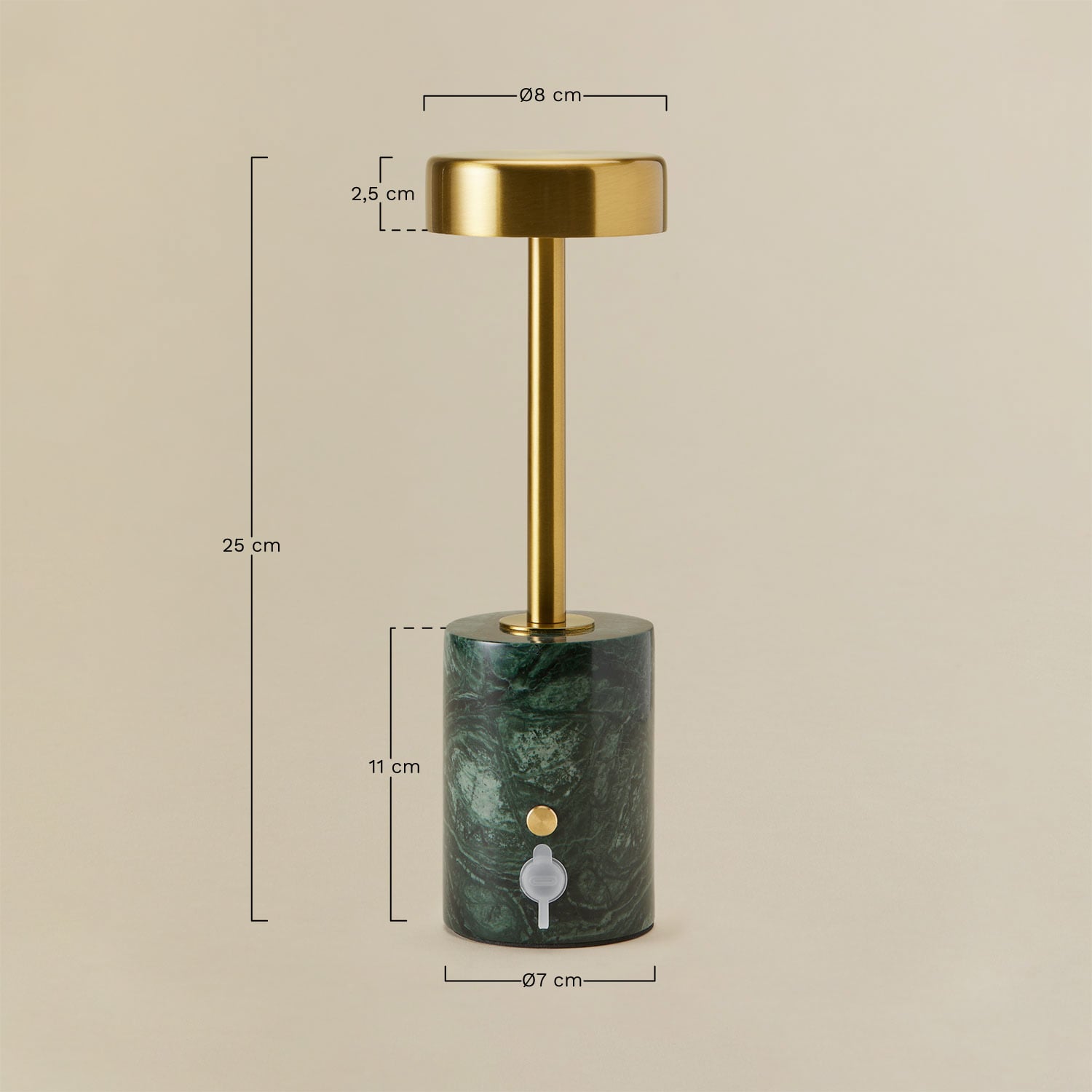 Lámpara de mesa LED inalámbrica en hierro y piedra natural Arianny, medidas